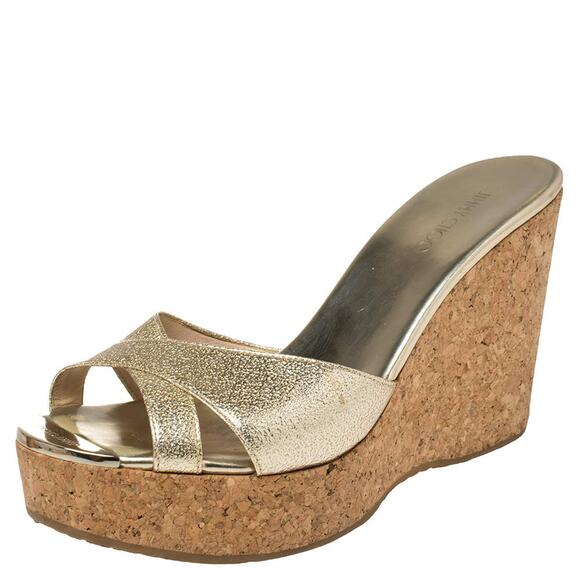 Jimmy Choo Metallic Patent Leather Prima Cork Wedge Platform Sandals Womens 7.5 - Picture 1 of 7